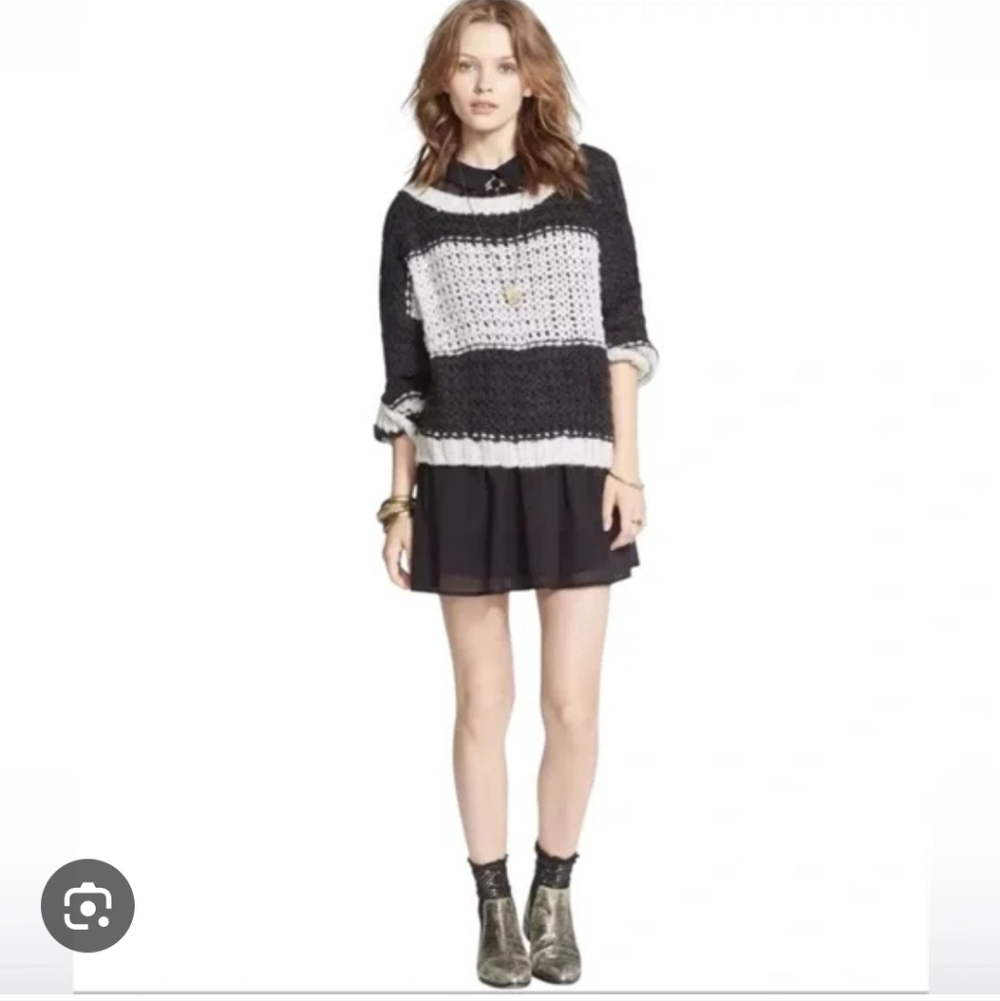 Free People Sweater Monaco Stripped Slouchy Charcoal-Ivory SzM Wool- Alpaca Blen - Picture 12 of 13